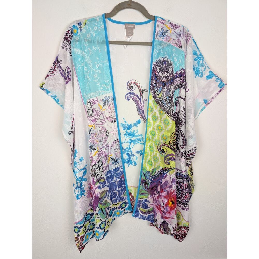 Chicos Kimono Top Paisley Floral Lace Boho Printed Eclectic White Blue Size S/M
